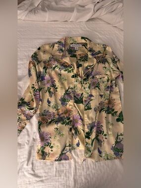 Amazon Essentials Cream Satin Floral Pajama Top with Pink, Purple & Green Print